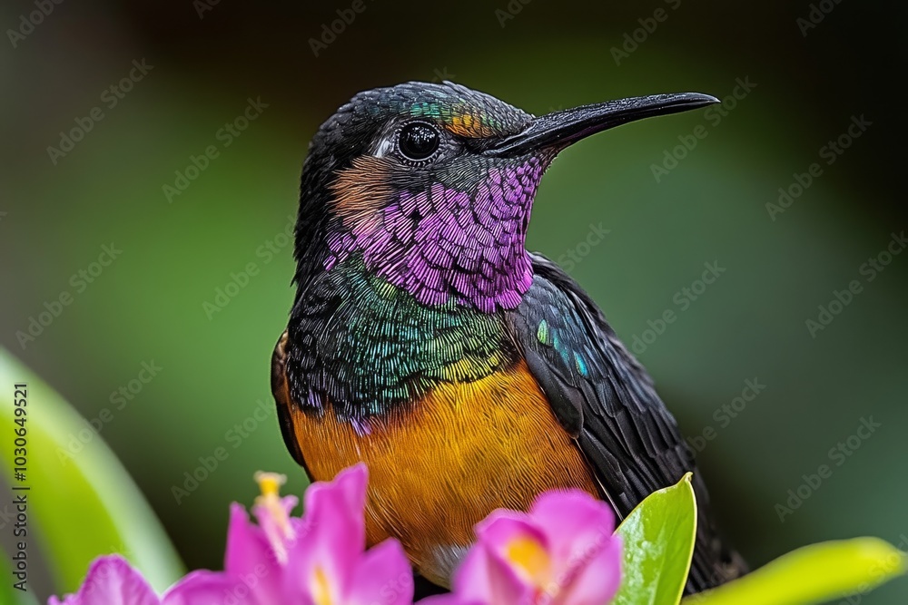 Obraz premium Rare rainbow-colored bird perched among tropical flowers