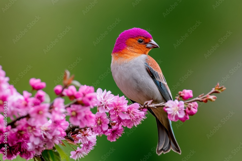 Fototapeta premium Rare multicolored bird perched on a blooming branch, showing off vibrant plumage