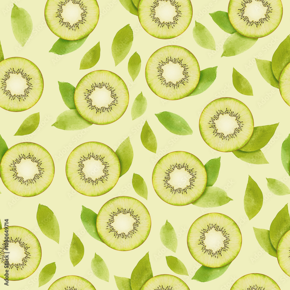 Fototapeta premium Watercolor seamless pattern with kiwi fruit whith leafs on green background. Hand drawn watercolor illustration. 