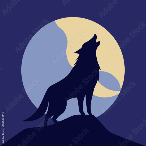 wolf howl to full moon watercolor design Vector art illustration
