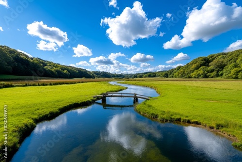 River Taw flowing through a meadow, with a small wooden bridge crossing it photo