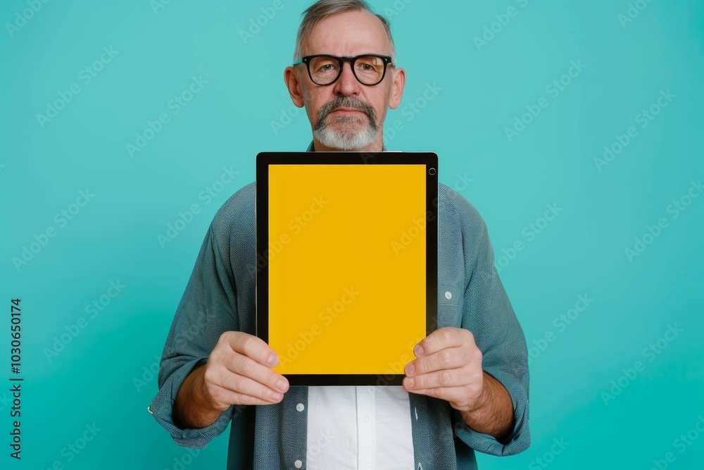 Application mockup caucasian man in his 40s holding a tablet with a completely yellow screen