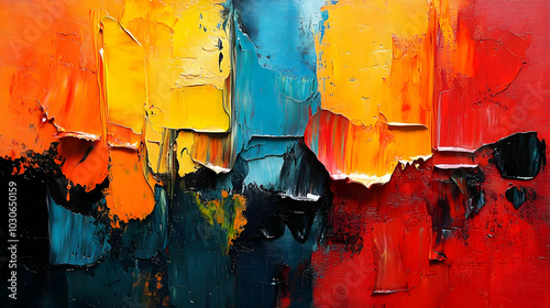 Abstract painting with vibrant colors and textured layers. photo