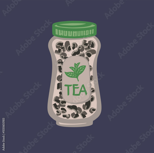 Glass jar with lid and tea, hand drawn vector illustration