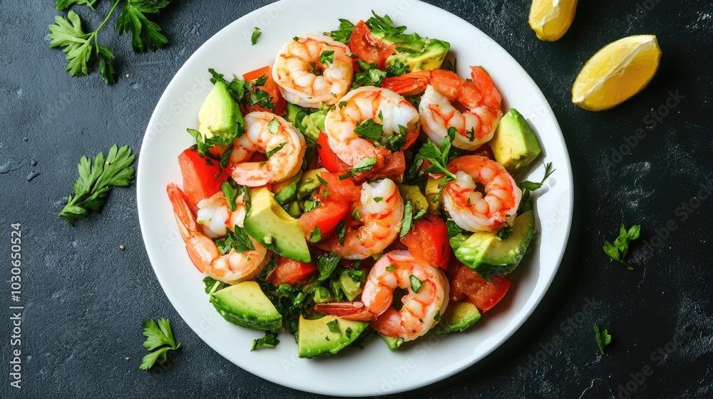 A plate of shrimp salad top view. A plate of shrimp salad top view.