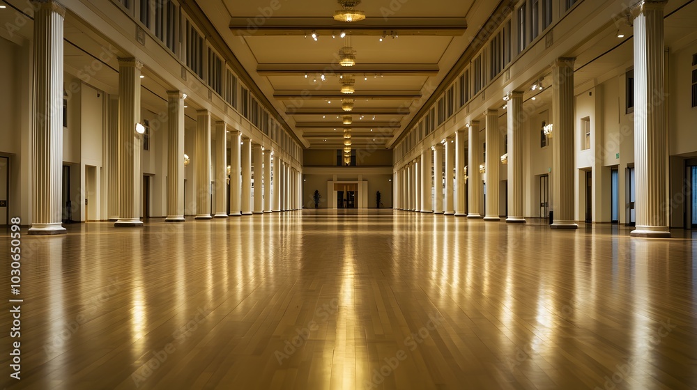 66. An empty exhibition space with soft lighting and high ceilings 66. An empty exhibition space with soft lighting and high ceilings