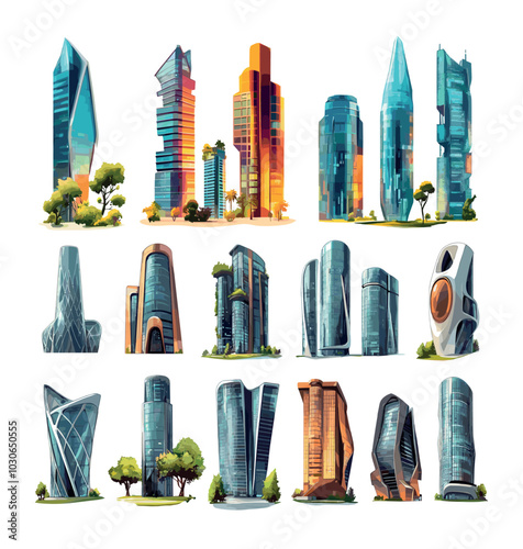 Modern skyscrapers high towers cartoon vector set. Futuristic glasses multi storey residential office city buildings, urban hi tech architecture illustrations isolated on white background