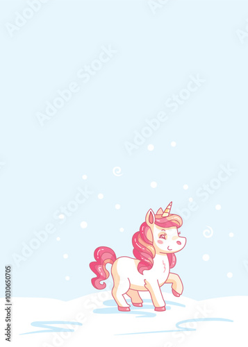 Cute cartoon unicorn with pink hair is walking on the snow during a snowy day. Vector illustration.