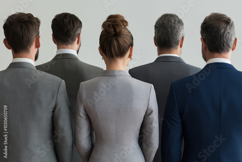 Four men and one woman in business suits stand with their backs to the camera. The concept of privacy and confidentiality, indifference to problems, heartless people photo