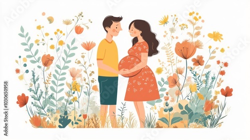 Couple Expecting a Child in a Floral Garden