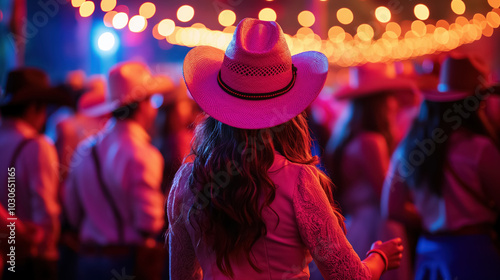 Woman in a cowboy hat enjoys a lively evening event with bright string lights overhead, creating a vibrant and festive atmosphere full of energy and warmth.