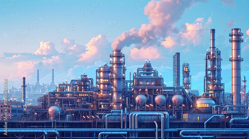 Detailed illustration of an oil refinery's exterior highlighting a complex network of pipes and ducts against industrial buildings and smokestacks. Chemical plant, factory, industrial backdrop. High Detailed illustration of an oil refinery's exterior highlighting a complex network of pipes and ducts against industrial buildings and smokestacks. Chemical plant, factory, industrial backdrop. High