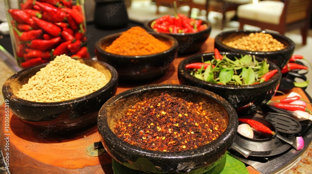 Assorted Spices and Chili Peppers in Bowls on Wooden Surface Assorted Spices and Chili Peppers in Bowls on Wooden Surface