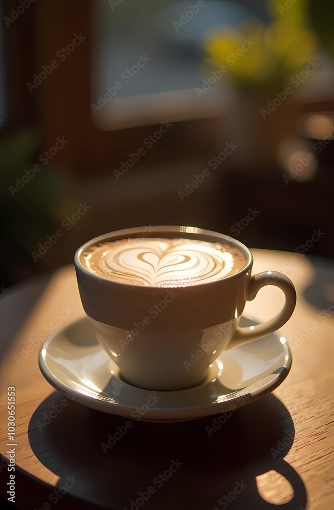 A flavored latte on the table in the sunshine. A flavored latte on the table in the sunshine.