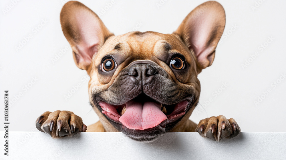 Close-up of a Happy French Bulldog with Tongue Out and Paws on a White Surface Close-up of a Happy French Bulldog with Tongue Out and Paws on a White Surface