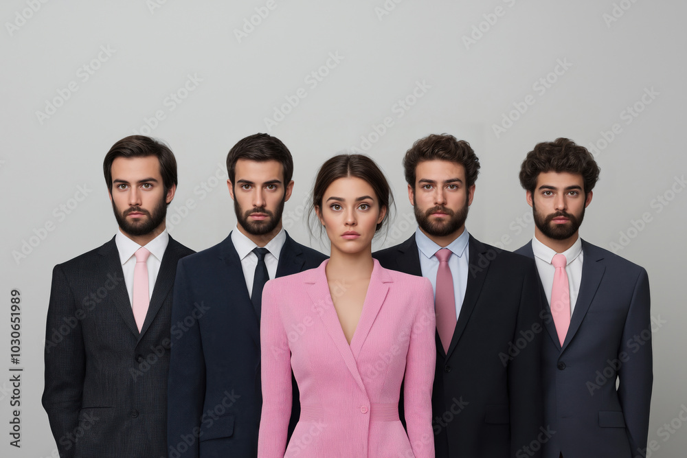 A business woman in a pink suit against a background of several men in dark suits. Gender equality A business woman in a pink suit against a background of several men in dark suits. Gender equality