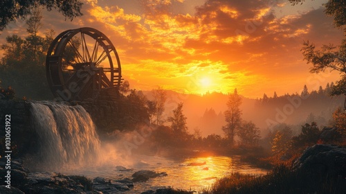 A wooden water wheel sits by a waterfall with the sun rising behind it. photo