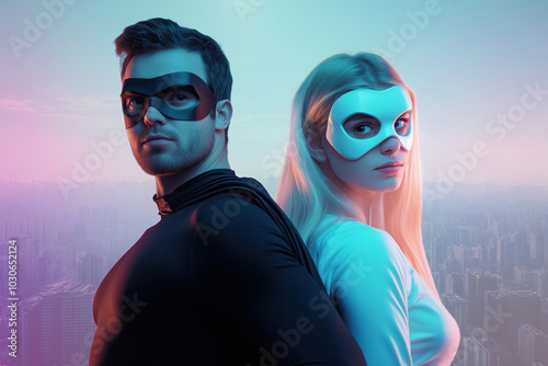 A man and a woman in masks and superhero costumes on the background of the city in the sunlight