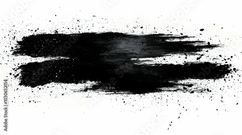 Abstract black paint splash with scattered particles on white background.