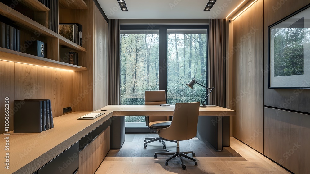 69. A minimalist home office with a spacious desk and empty chair 69. A minimalist home office with a spacious desk and empty chair