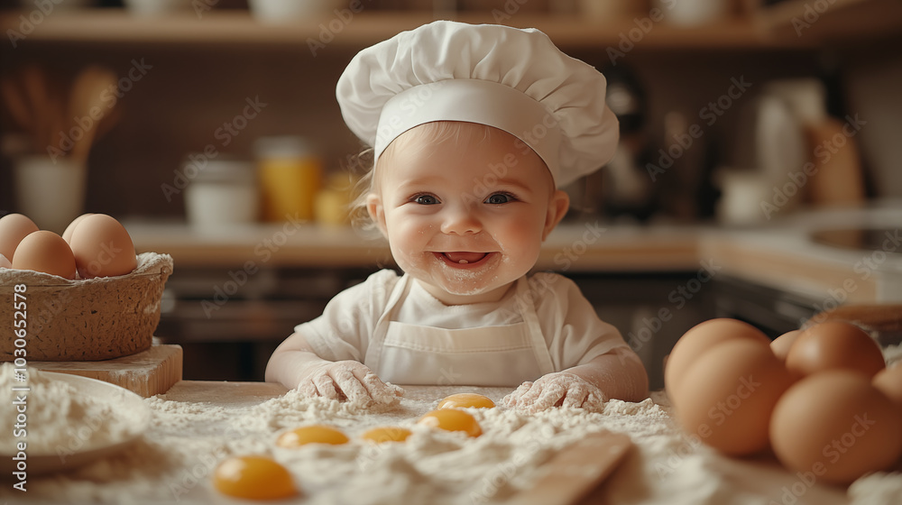 Cute little baby in chef's hat with eggs in the kitchen Cute little baby in chef's hat with eggs in the kitchen