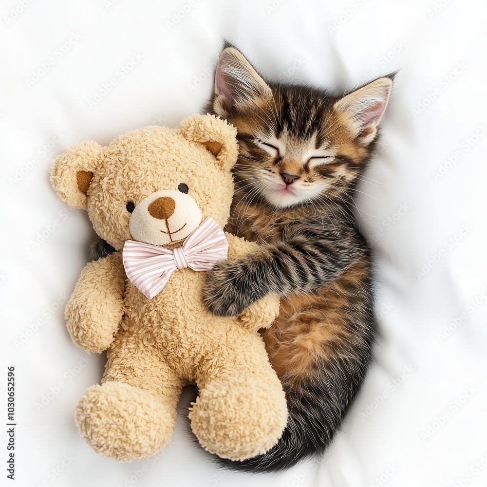 Adorable kitten sleeping with a soft teddy bear on a cozy white background. Adorable kitten sleeping with a soft teddy bear on a cozy white background.