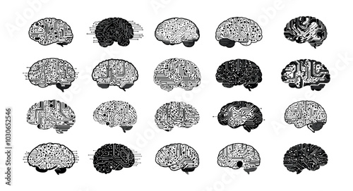 Neural electronic cyber brain black ink sketch icons vector set. Circuits human organ processor ai cpu hardware chip semiconductors microchip pc technology mind tech intellect isolated concepts