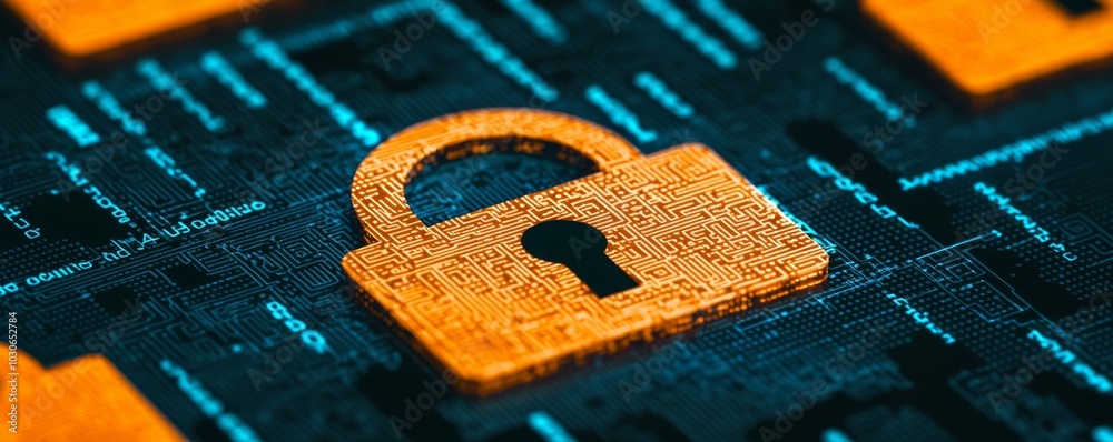Naklejka premium A close-up image of a digital lock symbol on a circuit-like background, representing cybersecurity and data protection concepts.