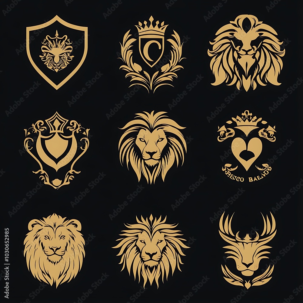 Royal lion logos presented on rich, dark black backgrounds Royal lion logos presented on rich, dark black backgrounds