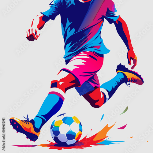 Dynamic vector illustration of a soccer player kicking a ball in vibrant colors