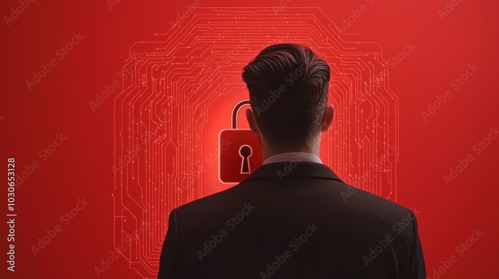 A man in a suit stands before a red background featuring an unlock symbol, symbolizing security, mystery, and access. A man in a suit stands before a red background featuring an unlock symbol, symbolizing security, mystery, and access.