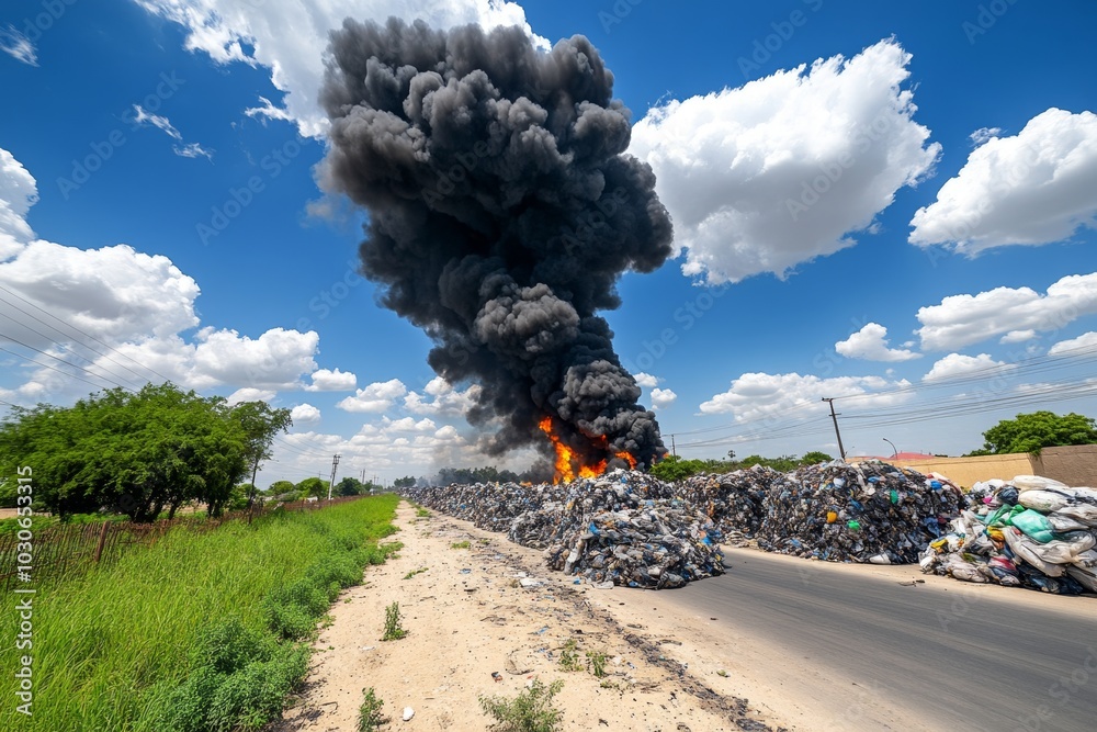 Fototapeta premium Thick black smoke rising from piles of burning plastic in a rural area