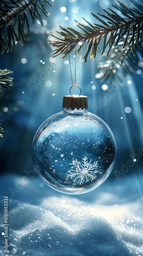 christmas glass ball on blue background, ai generated