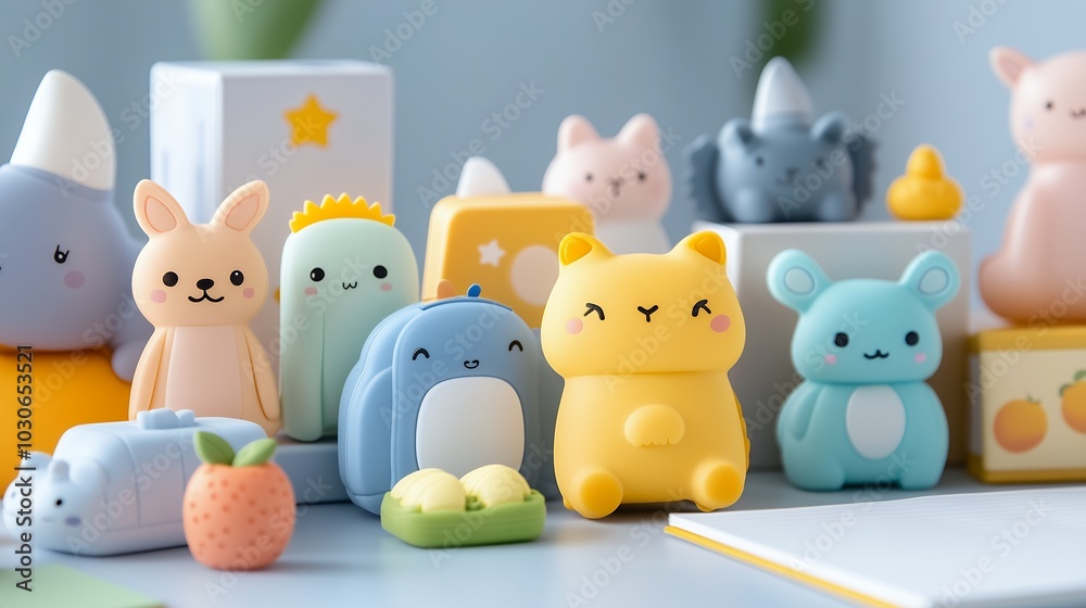 A group of stuffed animals, including a yellow bear, are sitting on a table. The bear is smiling and surrounded by other toys, such as a backpack and a toaster. Concept of playfulness and warmth A group of stuffed animals, including a yellow bear, are sitting on a table. The bear is smiling and surrounded by other toys, such as a backpack and a toaster. Concept of playfulness and warmth