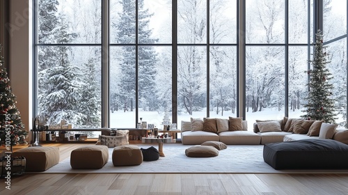 Cozy winter living room with large windows and snowy landscape.