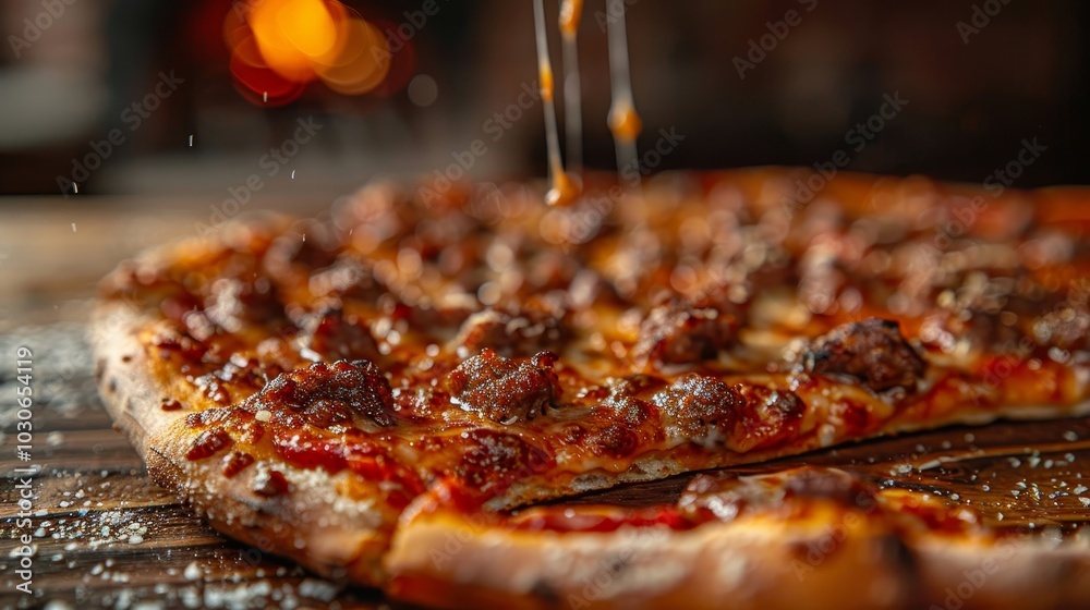 Close-up of a Savory Pizza with Melted Cheese and Meat Toppings on Rustic Wooden Background Close-up of a Savory Pizza with Melted Cheese and Meat Toppings on Rustic Wooden Background