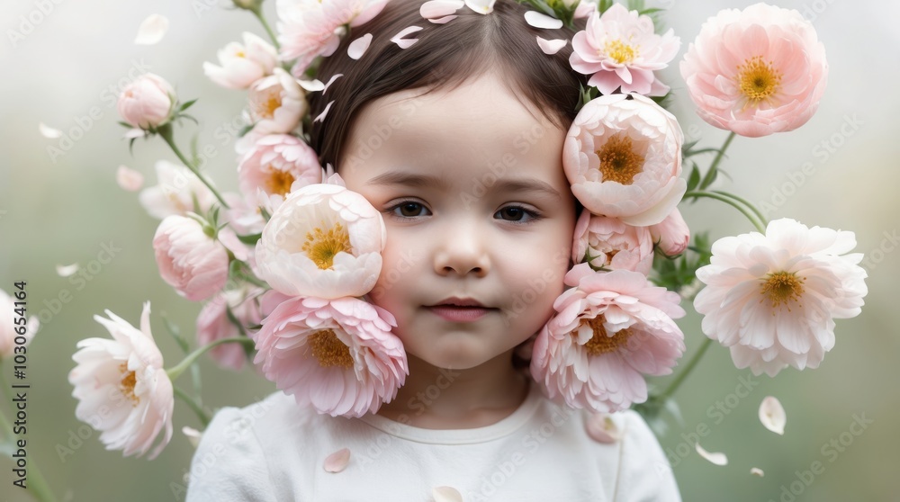 A serene portrait of a child surrounded by flower buds, exuding innocence and calmness, with soft light highlighting the natural beauty A serene portrait of a child surrounded by flower buds, exuding innocence and calmness, with soft light highlighting the natural beauty