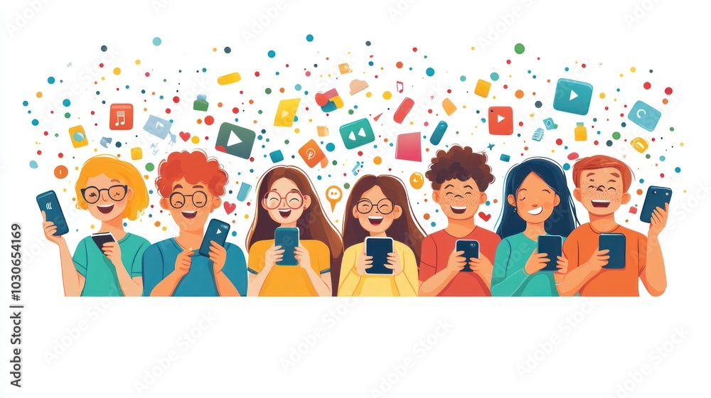 Group of Happy Kids Using Smartphones and Social Media Apps Group of Happy Kids Using Smartphones and Social Media Apps