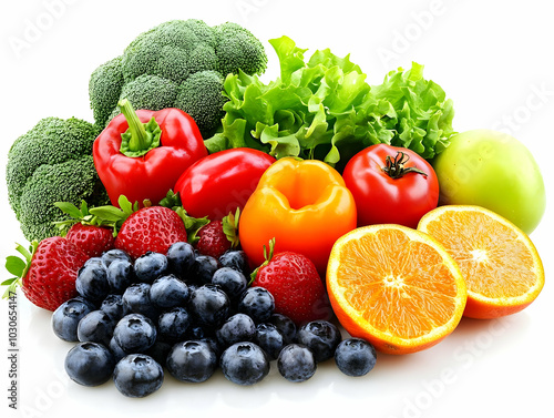 Fresh fruits and vegetables arranged on a white background.