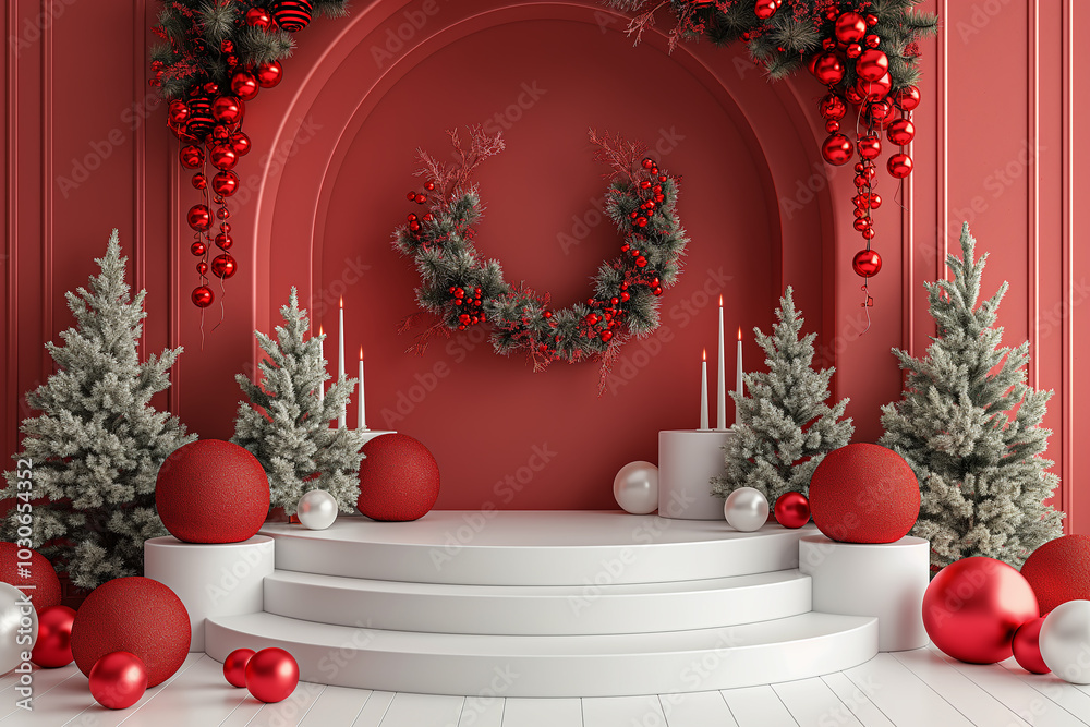 A red and white room with a Christmas tree and a wreath A red and white room with a Christmas tree and a wreath