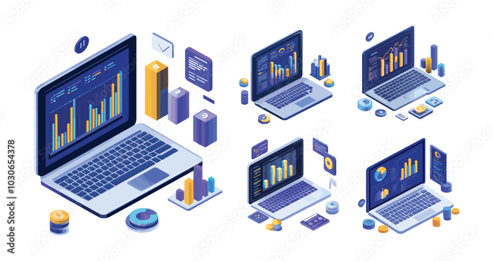 Notebook analytics research isometric vector concepts. Laptop graphic bars diagrams chart graphs columns data business indicators, enterprise financial statistic strategy analysis isolated scenes Notebook analytics research isometric vector concepts. Laptop graphic bars diagrams chart graphs columns data business indicators, enterprise financial statistic strategy analysis isolated scenes