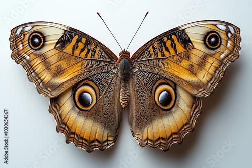 owl butterfly with large eye spots on its brown and beige wings photo