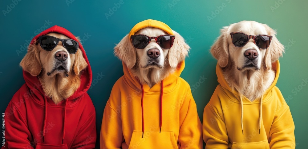 Three golden retriever dogs in red and yellow hoodies, wearing sunglasses on a colorful background. Three golden retriever dogs in red and yellow hoodies, wearing sunglasses on a colorful background.