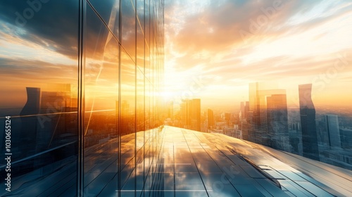 Sunset view from a modern skyscraper with city skyline reflections.