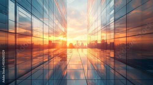 Sunset reflected in modern glass buildings, creating a serene view.