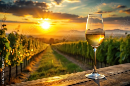 Ice wine glass resting on a table with vineyard at sunset in background photo