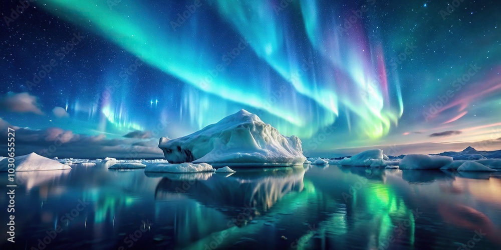 Iceberg floating in ocean under Northern Lights Reflected