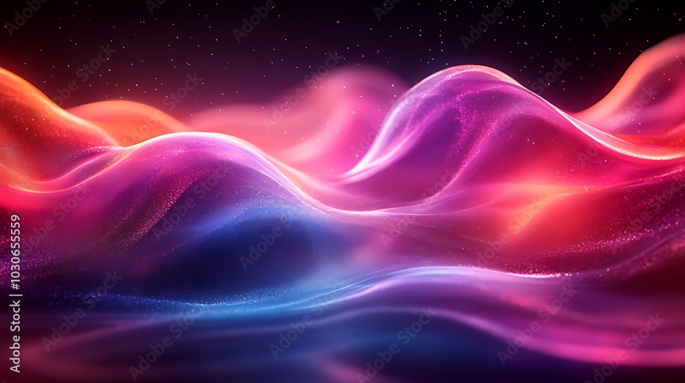 Abstract background with vibrant pink, blue, and orange glowing waves and particles on a dark background. Abstract background with vibrant pink, blue, and orange glowing waves and particles on a dark background.