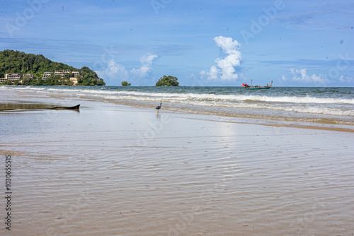 a serene beach with a lone bird in shallow water, pristine white sand, clear calm water, gentle waves, a small anchored boat, lush green island, clear blue sky, and fluffy white clouds.  photo