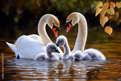 Fototapeta Naklejka Na Ścianę i Meble -  Watercolor painting of a swan family, with soft pastel shades
